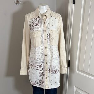 Free People Westward Won Denim Bandana Tunic Top cream beige brown bandana print
